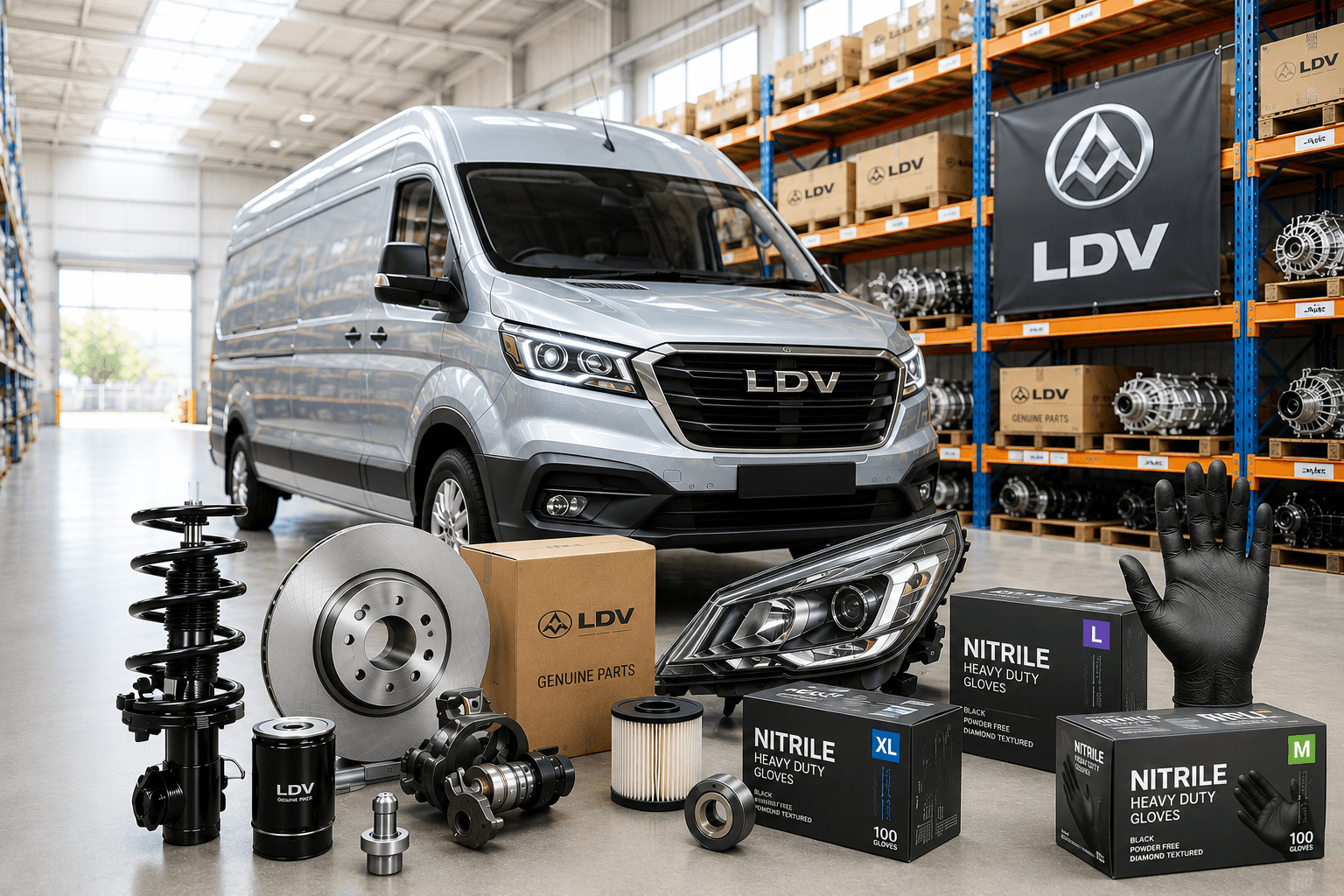 Silver LDV van in a warehouse with genuine spare parts and boxes of nitrile gloves.